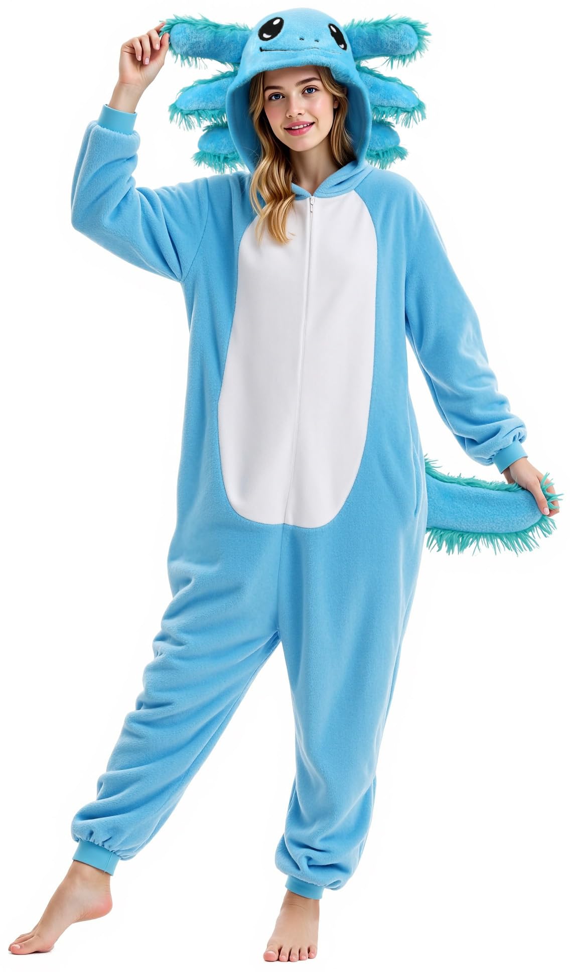 Photo 1 of Gorkonpy Axolotl Costume Adult Women Animal Onesie Pajamas Halloween Party Dress Up