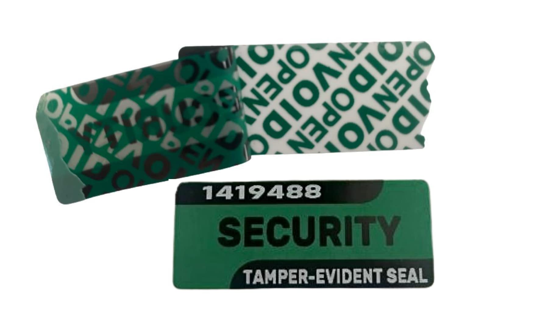 Green Security Labels X 100. Tamper Evident Stickers Seals with Black and White Printing and Unique Serial Number. Void Release Message.