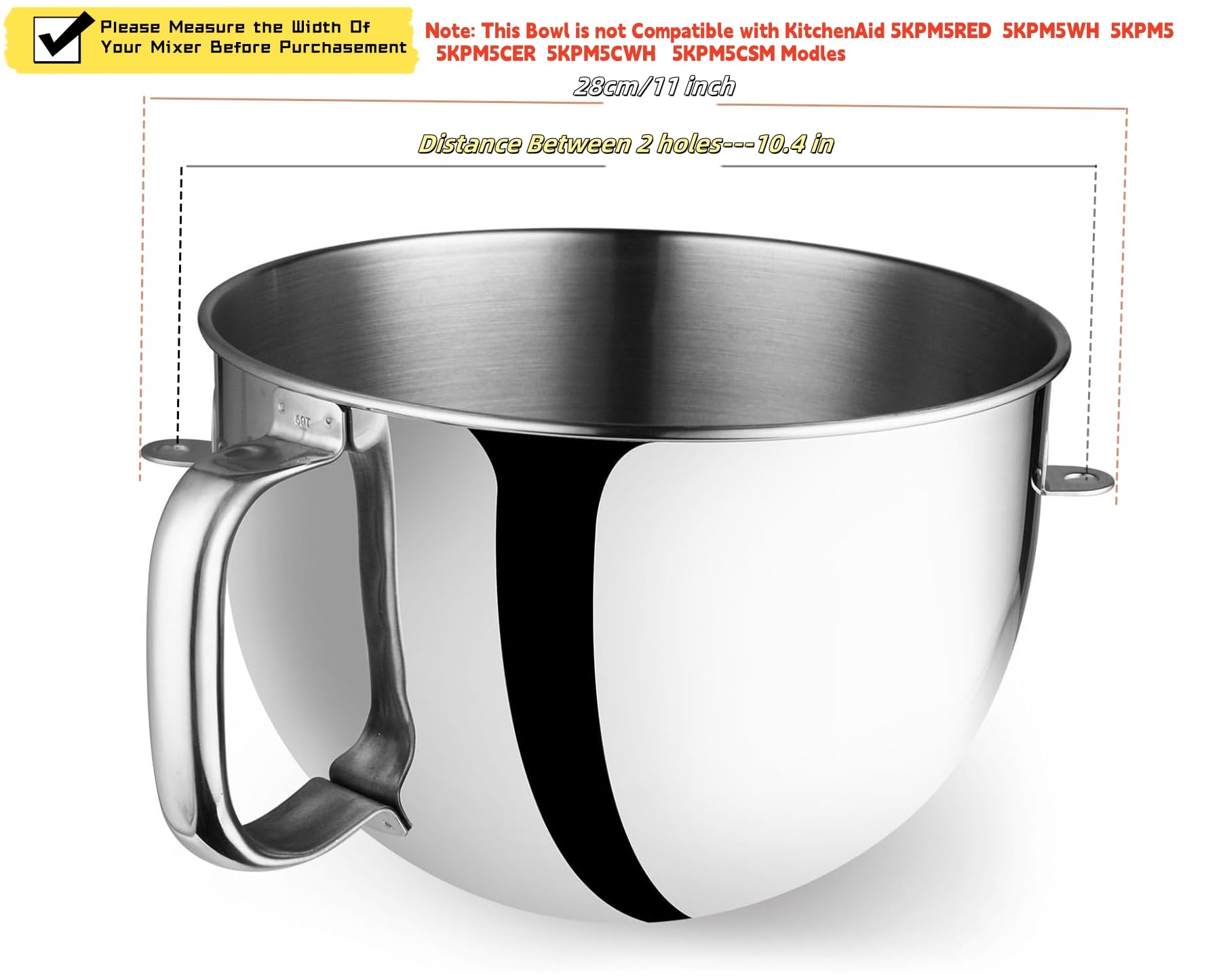 6QT Stainless Steel Mixer Bowl Compatible With Kitchen Aid Stand Mixers, Replacement Mixing Bowl for 6QT Kitchen Aid Lift Mixers