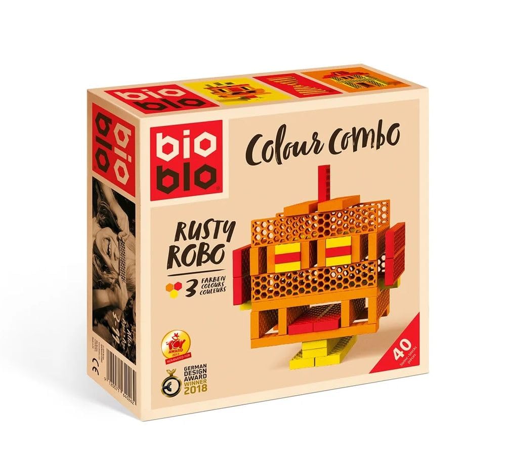 Bioblo Mini Box Rusty Robo Pack of 40, Sustainable Colourful Building Blocks for Children from 3 Years, Wooden Building Blocks Children's Toy, STEM Montessori Toy for Stacking & Balancing Games
