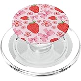 Cute Pink Strawberry Bow Pattern Girly Aesthetic Flower PopSockets PopGrip for MagSafe