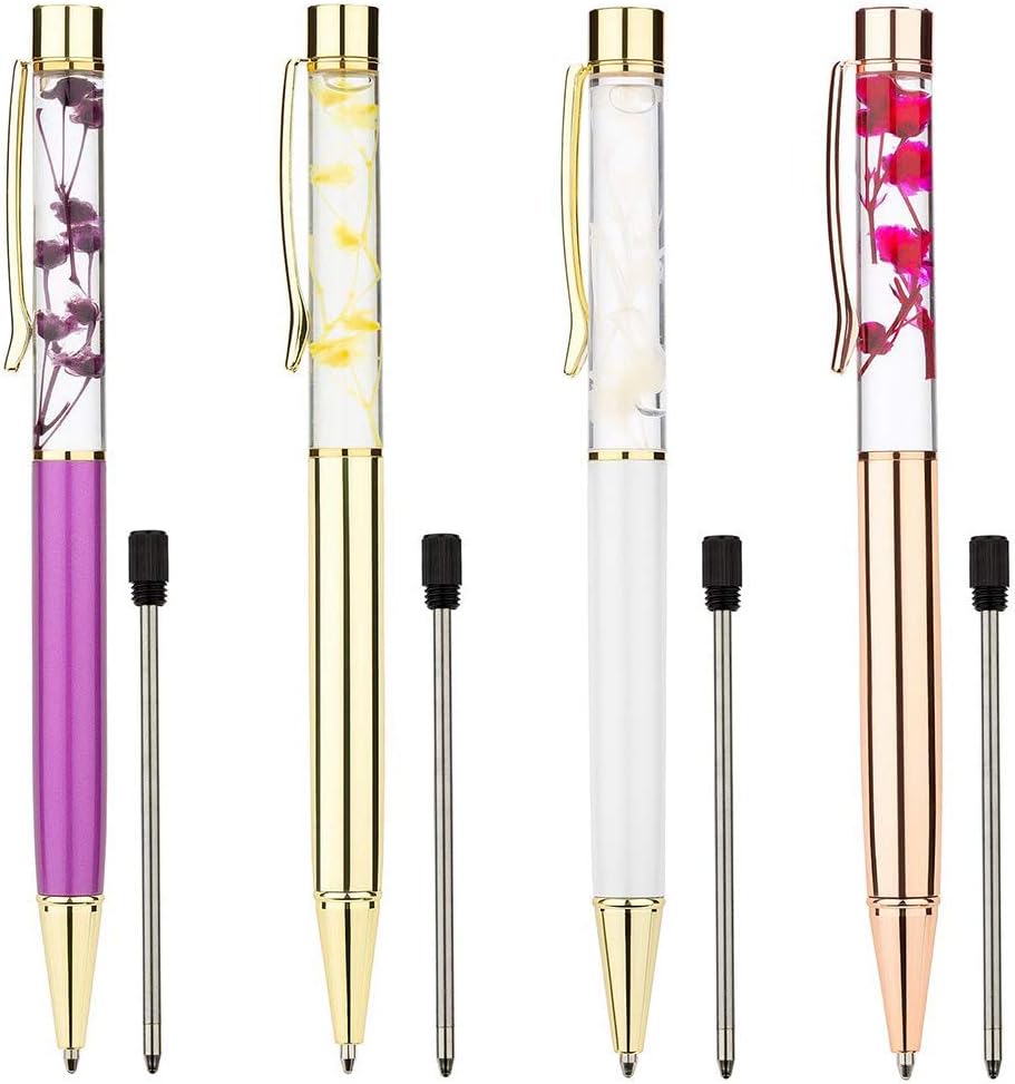 Herisa Flower Pens, 4 Pcs Metal Refills Dynamic Liquid Ballpoint Pens Office Supplies 0.7mm Black Ink 4 Colour Gold/Purple/White/Rose Gold