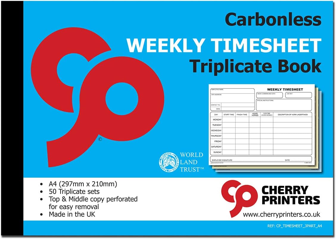 Cherry Carbonless NCR Weekly Timesheet Triplicate Book A4 50 Sets
