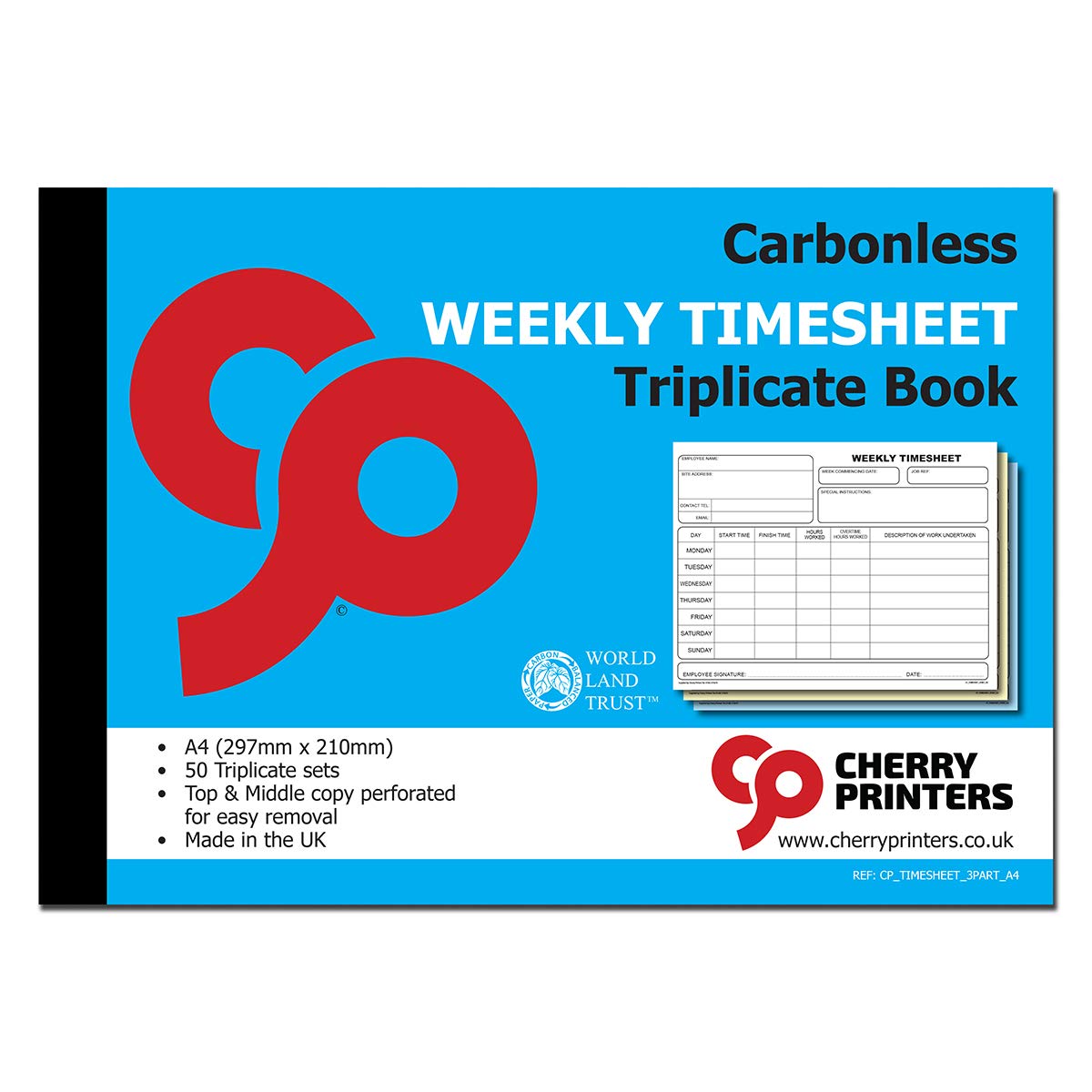 Cherry Carbonless NCR Weekly Timesheet Triplicate Book A4 50 Sets