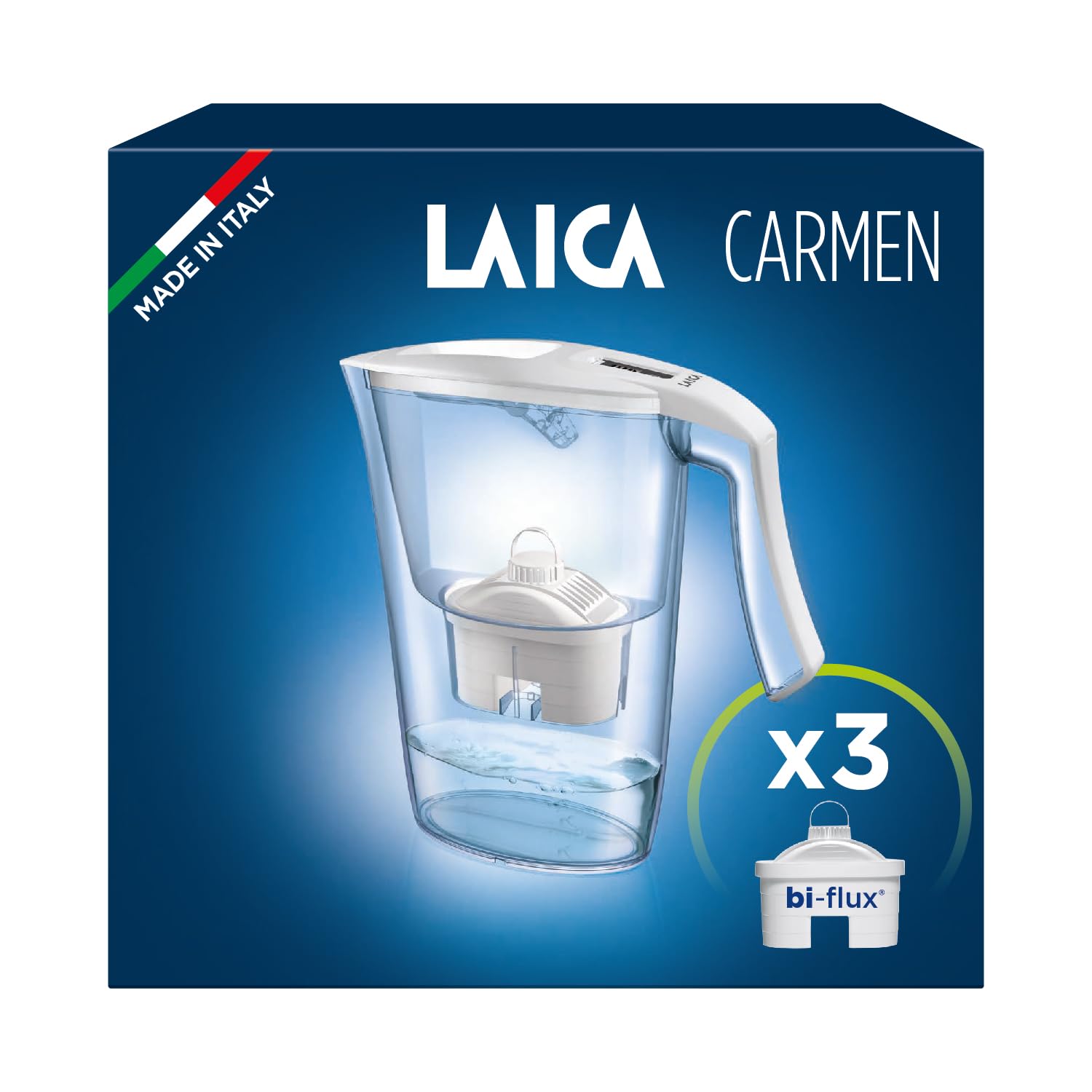 LAICA Carmen Water Filter Jug & 3 bi-flux Water Filter Cartridges Blue 2.3L - Digital Timer, Easy Fill Design, BPA Free, Dishwasher Safe - Preserves Minerals, Removes Impurities - Made in Italy