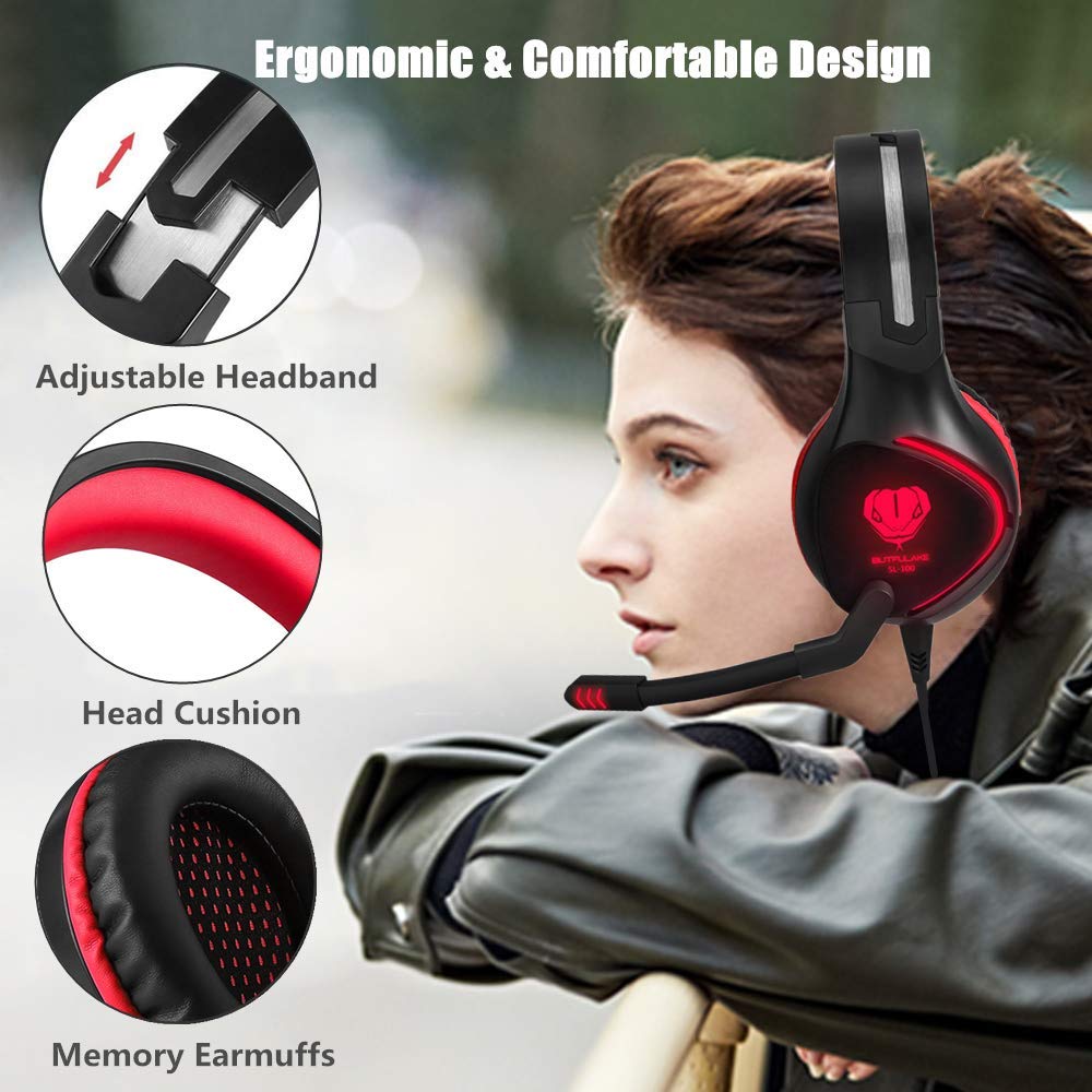BUTFULAKE Gaming Headset for PS4, Xbox One, Xbox One S, PC, Nintendo Switch, Mac, Laptop, Computer, 3.5mm Wired Over Ear Gaming Headphones with LED Light & Noise Cancelling Microphone, Red