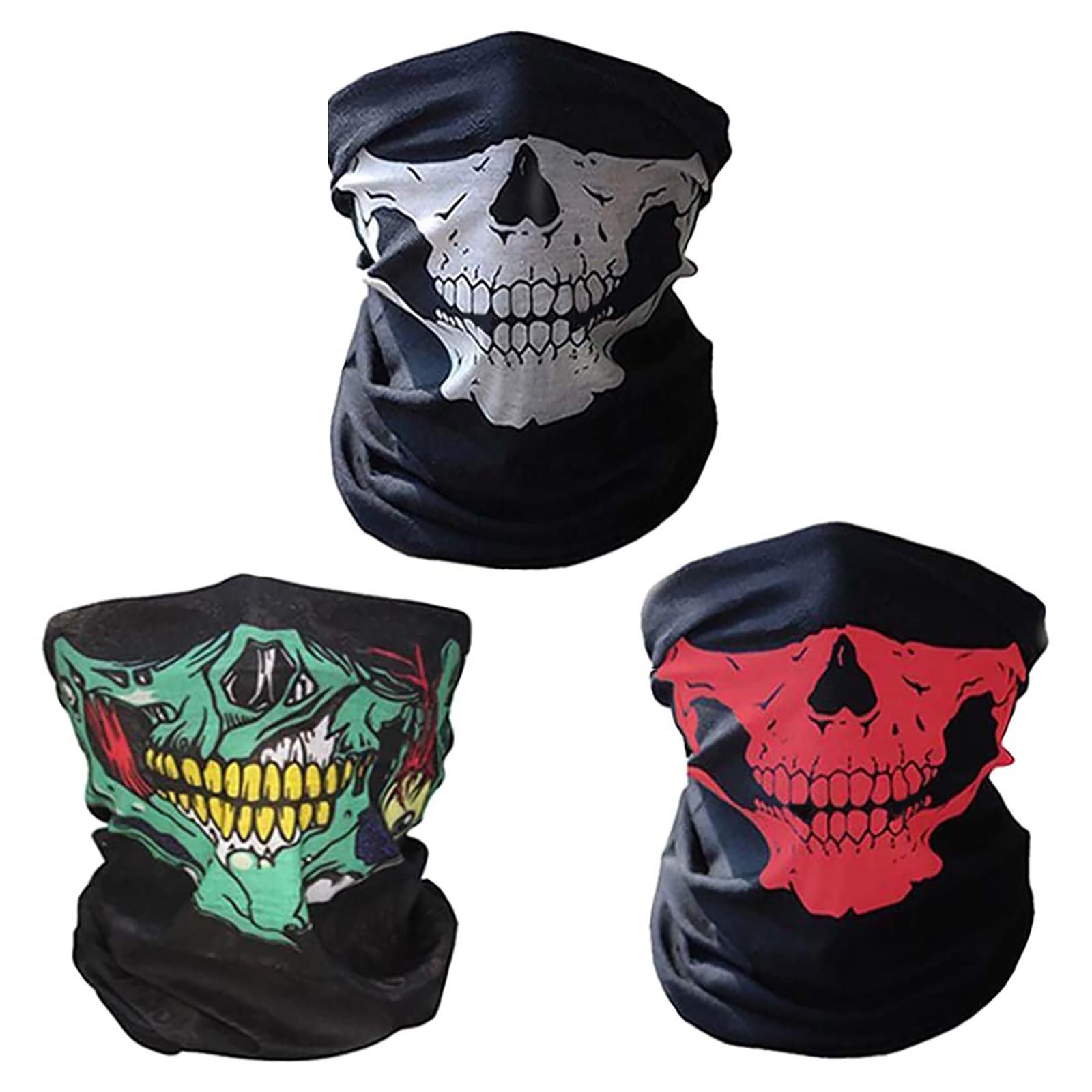 CBValleyol 3 Piece Multifunctional Motorcycle Face Mask,Breathable Seamless Tube Skull Shield Ski Mask (White/Red/Green)
