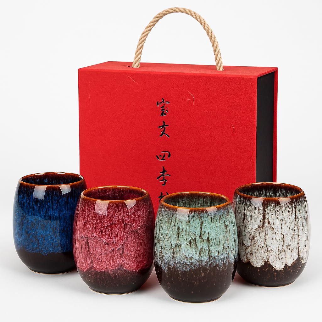 Set of 4 Kiln-Glazed Pottery Teacups in Lovely Gift Box. Seasonal Design Spring, Summer, Autumn, Winter 175ml Traditional Japanese & Chinese Style Ochoko Sake Cups