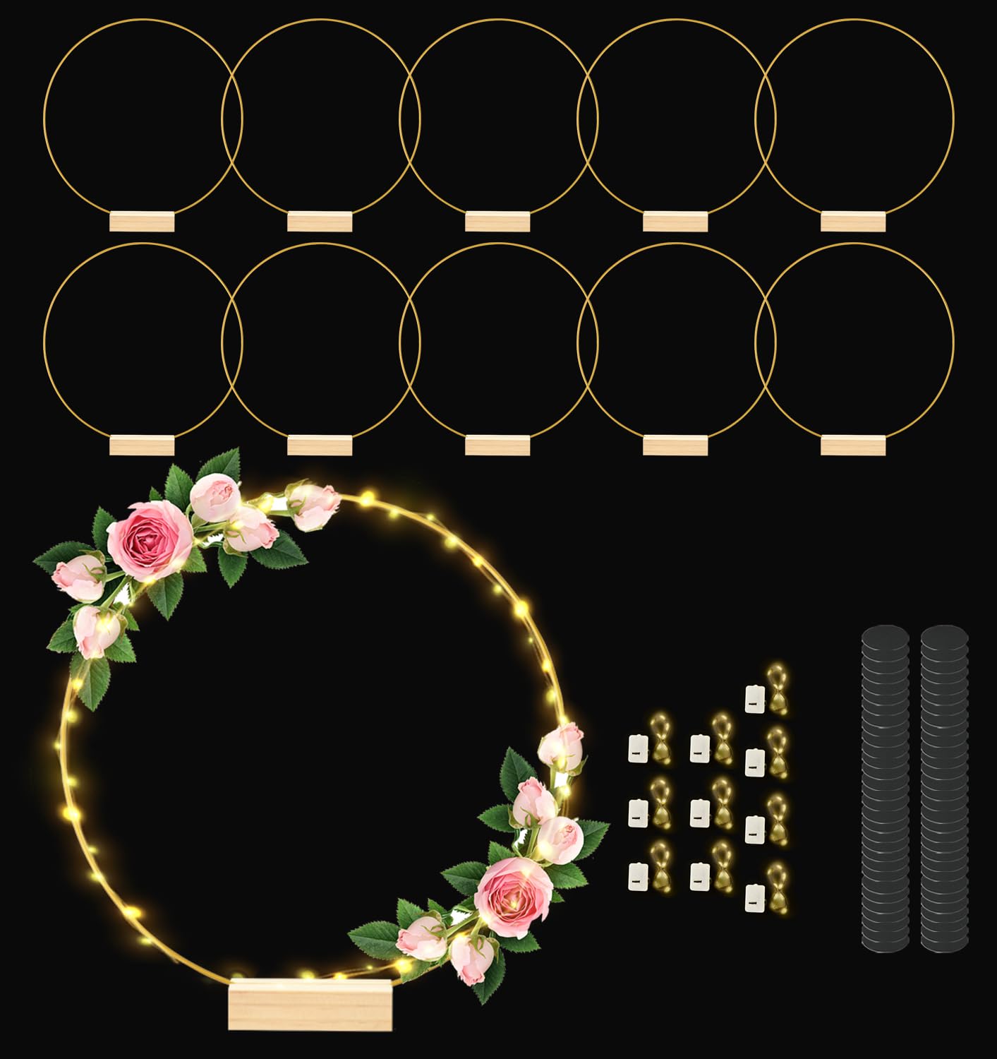 Photo 1 of 12 Inch 10 Sets Metal Floral Hoop Centerpiece with Wood Stands and LED Fairy Lights, Gold Metal Rings for Christmas Party Dream Catcher Wedding Table Wreath Decor, Wall Hanging Wreaths