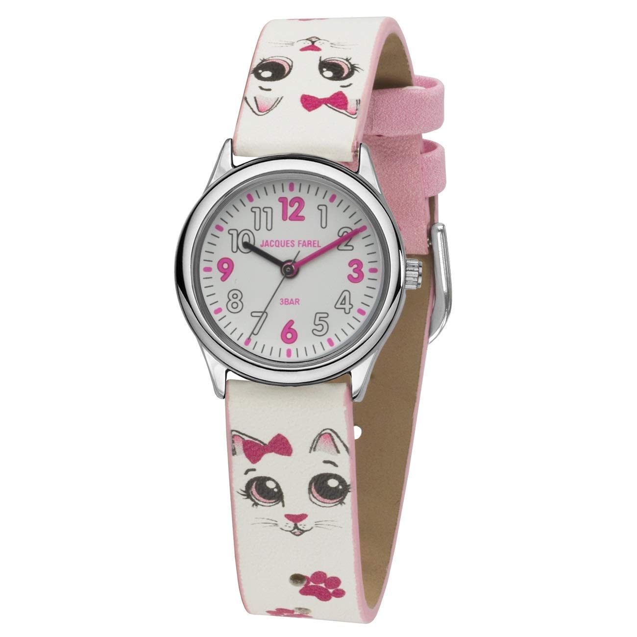 JACQUES FAREL HCC 561 Children's Watch Girls Cat Analogue Quartz Metal Faux Leather, multicoloured, Strap.