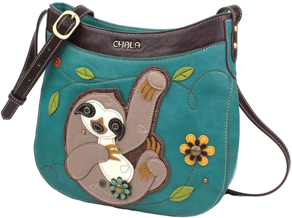 CHALAHandbags Sloth Crescent Crossbody Handbag Purse, Sloth Lovers, Turquoise, 10.5" x 10" x 3"