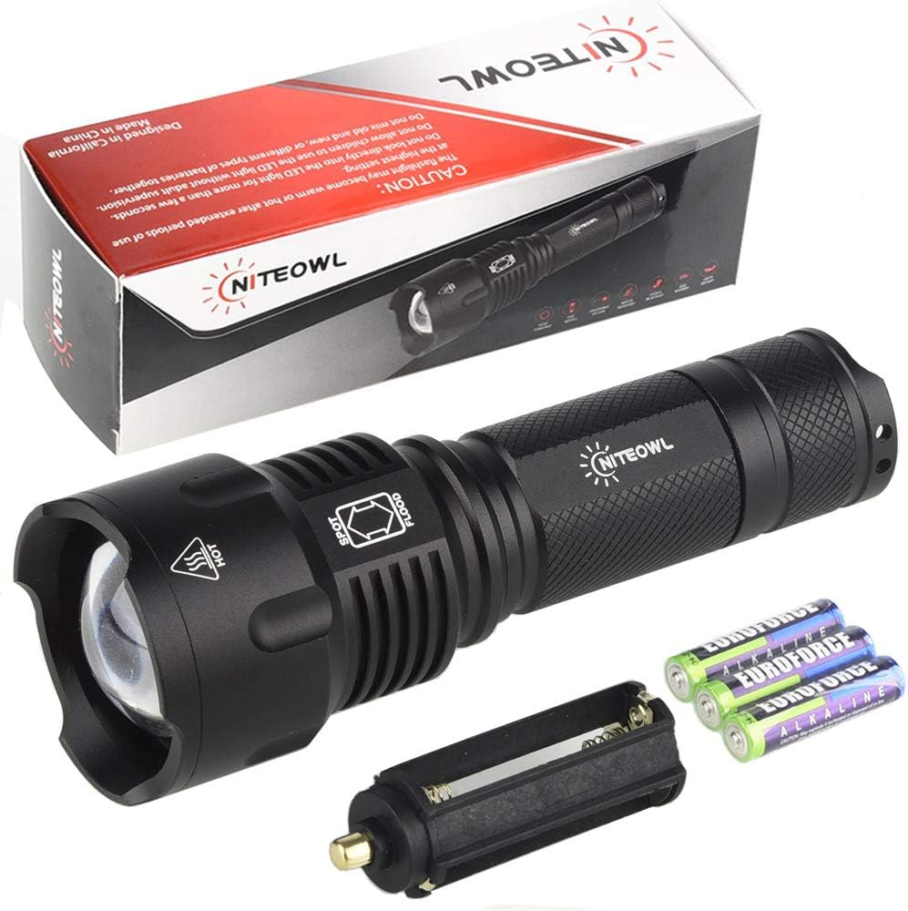 NiteOwl Super Bright Tactical LED AAA Flashlight, Handheld, Water Resistant, Zoomable, 5 Modes, High Lumens, Perfect for Camping, Hunting, Any Outdoor Use (AAA Batteries Included) - - 
