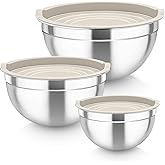 TeamFar Mixing Bowls, Stainless Steel Nesting Salad Bowls with Airtight Lids Set, For Serving/Mixing/Storing, Rust-proof & Heavy Duty, Dishwasher Safe, Set of 3-4.6/3 / 1.5 QT, Khaki