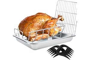 Dallden Versatile Stainless Steel Turkey Roasting Racks with Pan for Smokers,Grills and Oven –Rectangular Roaster with Turkey Rack and Flat Rack for Turkey, Chicken, Meat, Lasagna