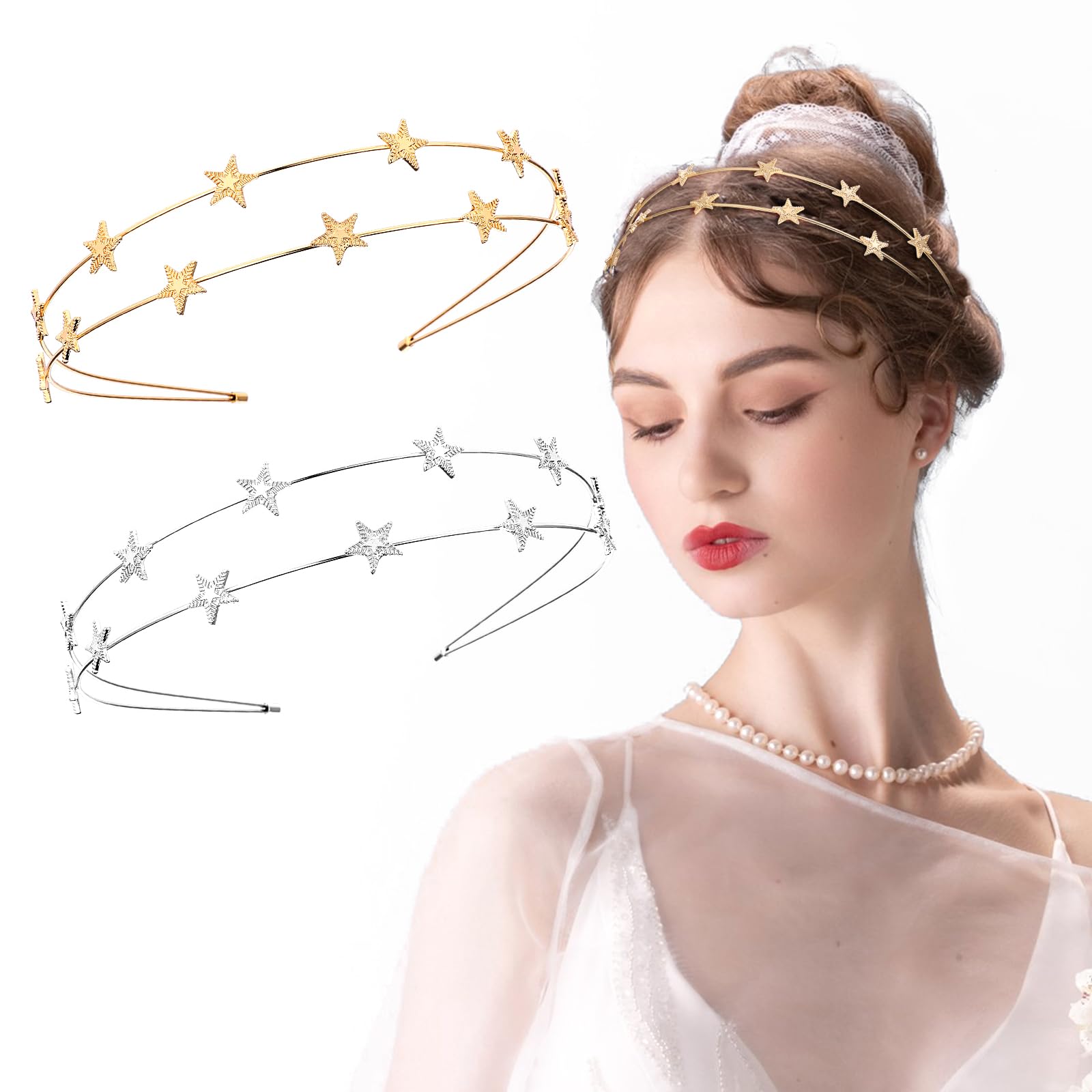 WLLHYF Metal Star Headband Rhinestone Alloy Hairband Decorative Crystal Hair Hoop Gold Sliver Headpiece Hair Accessories for Christmas Women Girls Party Bride Bridesmaids Carnival(1 gold + 1 silver)