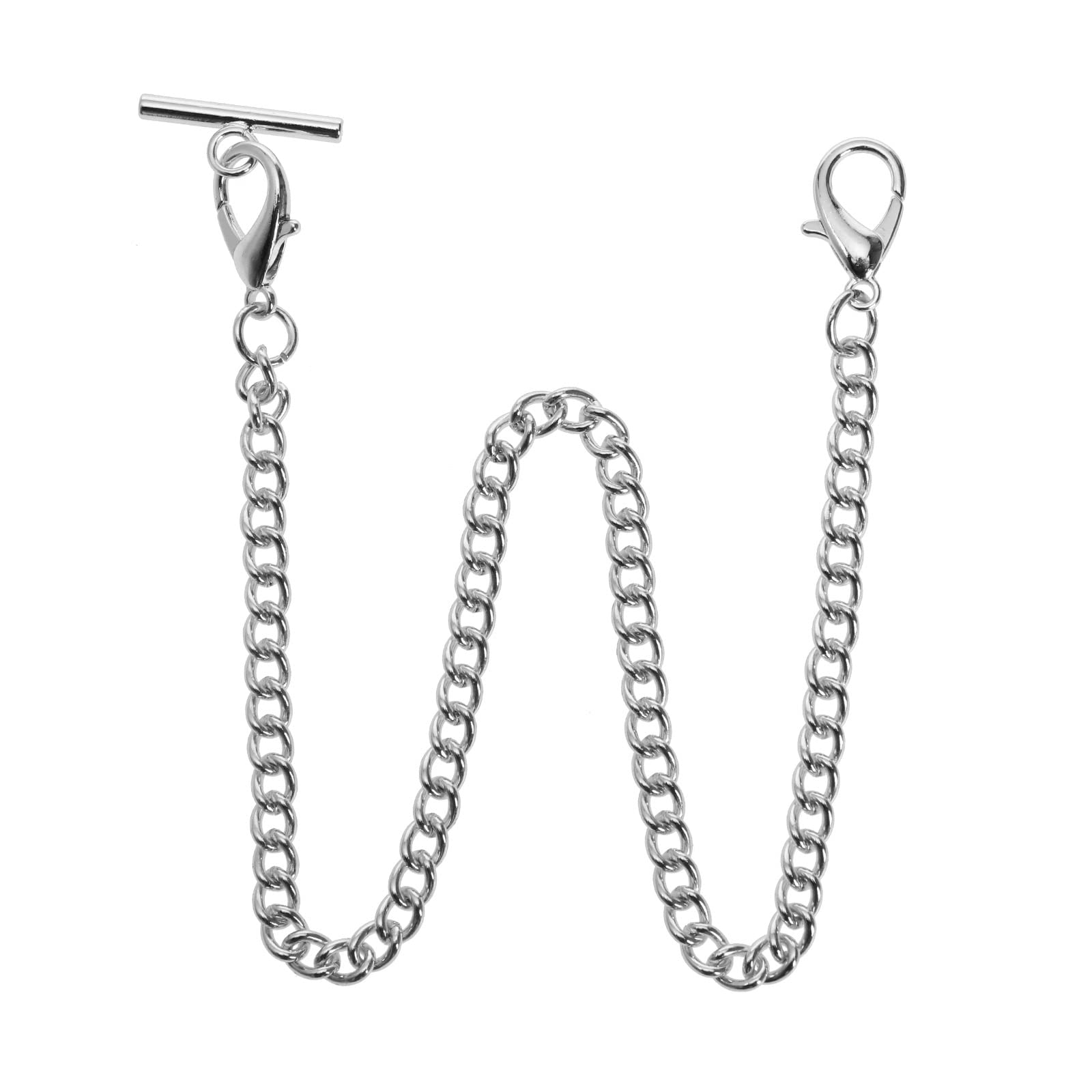 Create Idea Pocket Watch Albert Vest Chain With T Bar & Lobster Clasps - 14 Inch Classic Metal Chain Link & Stand - Single Link Vest Belt - Silver Plating