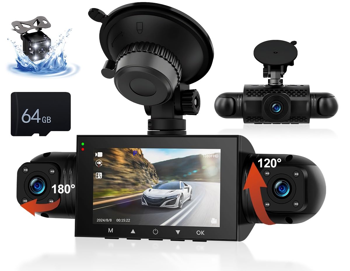 Photo 1 of CAMECHO 360 Degree 4 Channel Dash Cam Front and Rear Inside, Dash Camera for Cars, Dashcam with 64GB Card, Dashboard Camera with Night Vision, 3” IPS Screen, G-Sensor, Loop Recording, Driving Recorder