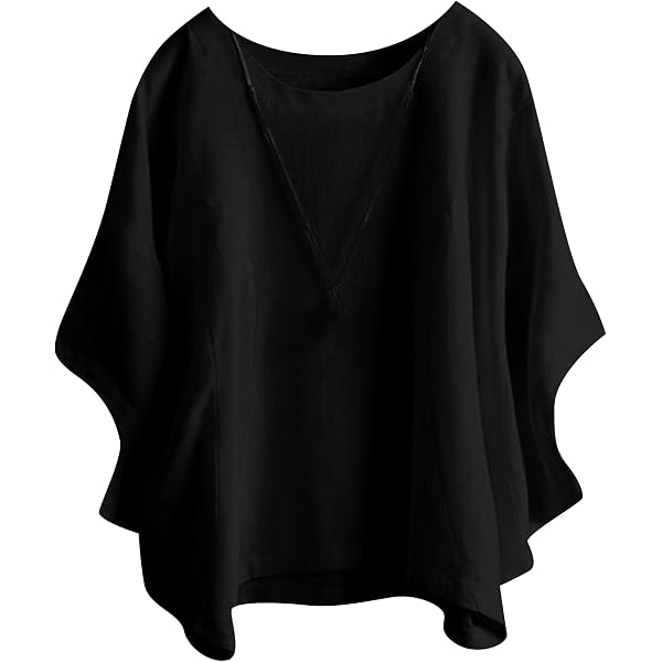 Womens Batwing Sleeve Cotton Linen Shirts Crew Neck Loose Fit