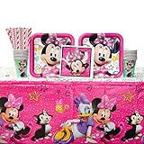 Minnie Mouse Happy Helpers Birthday Party Supplies Pack for 16 Guests | Straws, Dinner Plates, Lunch Napkins, Cups, and Table Cover| Celebrate Your Kid's Birthday with this Minnie Mouse Party Bundle