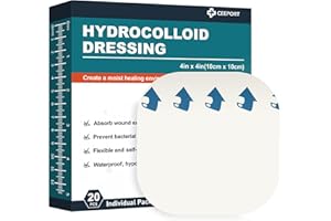 Ceeport 20 Pack Hydrocolloid Wound Dressing, 4" x 4" Ultra Thin Hydrocolloid Bandages with Self-Adhesive, Waterproof Hydrocolloid Patch for Bed Sore, Mild Burn, Blister, Acne Care
