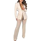 LKOUS Sexy Blazer Suits for Women,Long Sleeve Blazer and Mesh Beading Pants Clubwear Set with Underwear