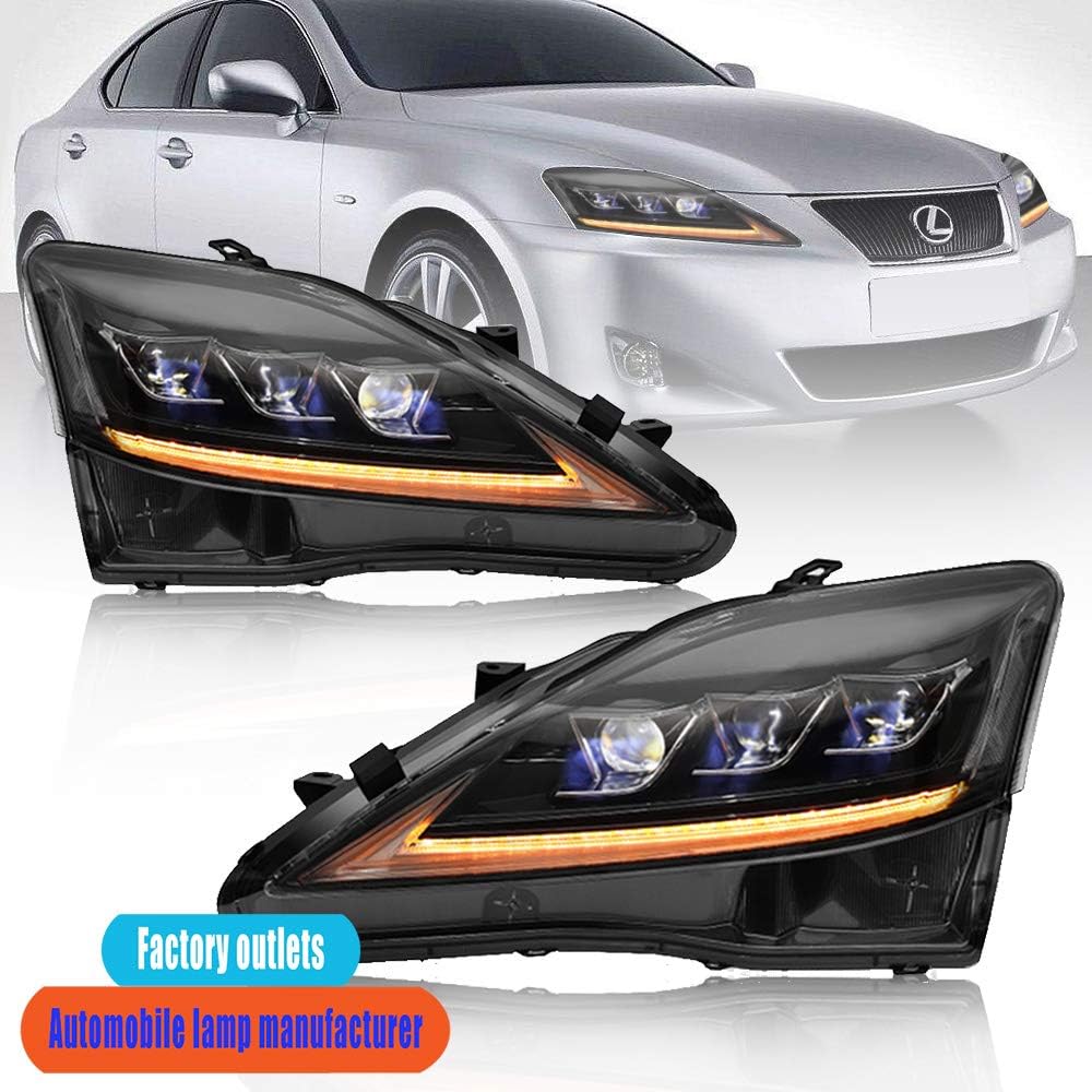 Kayue LED Headlight Projector Headlamps Front Lamp Accessories for 2006-2012 Lexus IS250/IS350/ISF Assembly with Sequential Turn Signal Light 2PCS 1-year warranty. (transparent)
