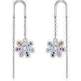 POPLYKE 7 Chakras Flower Earrings Sterling Silver Threader Long Chain Earrings Jewelry Gifts for Women