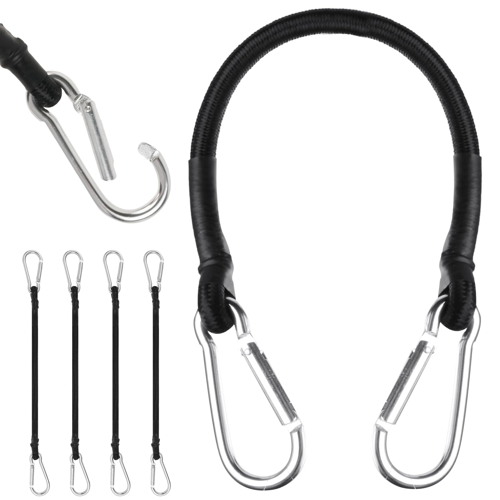 URAQT Bungee Cords with Carabiner Clips 30 CM, 4 Pack Long Heavy Duty Carabiner Bungee Cord, Retractable Straps, with Carabiner Hooks for Roof Racks, Trailers, Camping, Tarps, and Travel for All Users