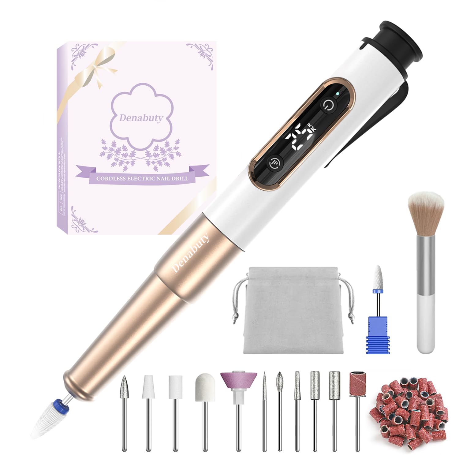 Denabuty Nail Drill Cordless, Electric Nail File 12 in 1 with LED Display, Nail Drill Machine Professional Portable Rechargeable E File for Gel Acrylic Manicure Pedicure Set with 5 Speeds Golden