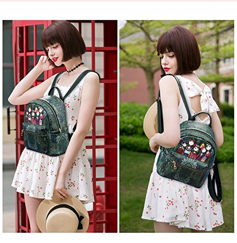 vismiintrend forest print pu leather green backpack handbag for women/girls