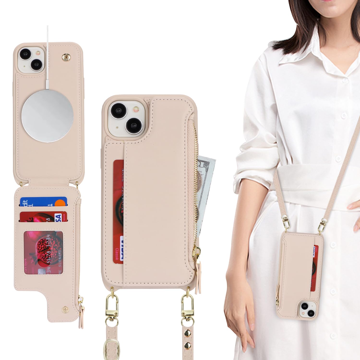 SailorTech for iPhone 15 Case with Credit Card Holder magsafe, iPhone 15 Phone Leather Case Wallet for Men Crossbody with mag safe Zipper Shockproof Case for Women - Beige — image 1
