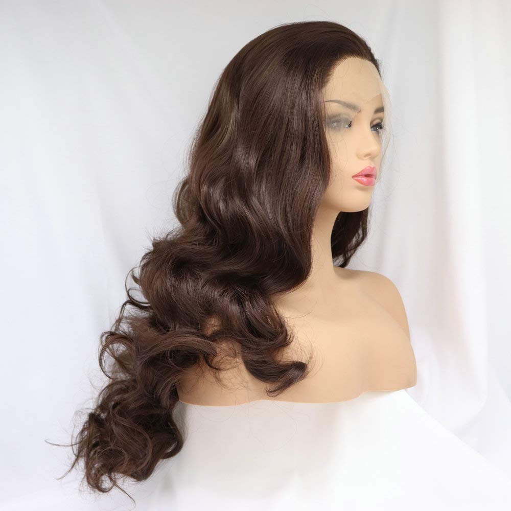 SereneWig 24Inches 6# Natural Brown Wig for Women Daily Wear Body Wave Synthetic Lace Front Wigs with Heat Resistant Natural Looking Free Part