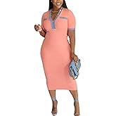 pnahip Women's Bodycon Midi Dresses Short Sleeve Contrast Color V Neck Button Dresses Sexy Cocktail Party Clubwear