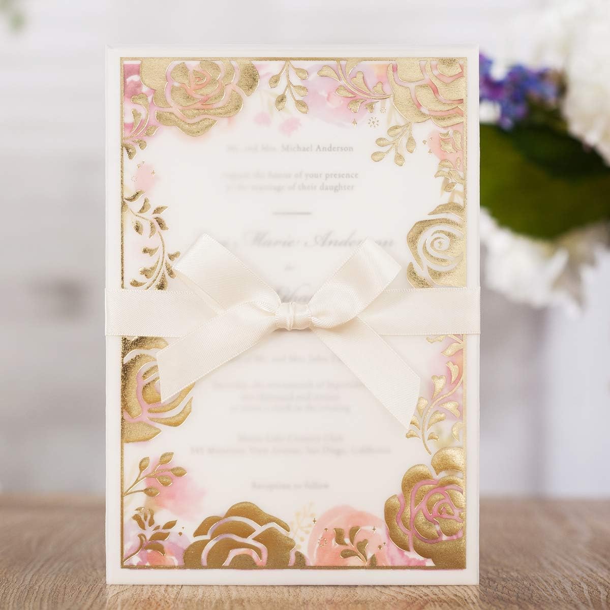 Wishmade x Or Rose Cartes D Invitation De Mariage Avec Enveloppes Et Ruban D Invitation A L Aquarelle Rose Pour Fete Prenatale Fiancailles Anniversaire Lot De Amazon Fr Fournitures De Bureau