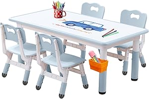 JIAOQIU Kids Table and Chair, Toddler Table and Chair Set, Adjustable Kids Table, Non-Slip Table Legs&Organizer, Graffiti Desktop, Suitable for Kids Table and Chairs Ages 3-12