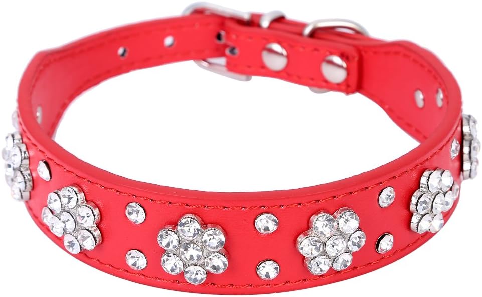 Pet Moon Pet Collars Rows Rhinestone Bling Flower Studded PU Leather Dog Collar for Small or Medium Dogs (Red, S)