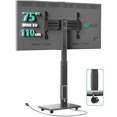 WALI Rolling TV Stand with Power Outlet, Mobile Tall TV Stand Mount on Wheels for 32-75 inch TV up to 110 lbs, Swivel Height Adjustable TV Cart with Wood Base for Bedroom(TVDVD-7PR), Black