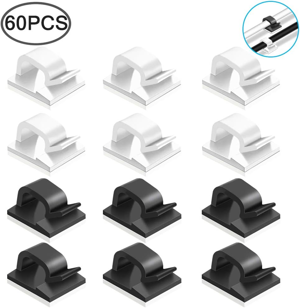 60 Pcs Adhesive Cable Clips, FineGood Plastic Cable Cord Organziers Cable Storage Management Clip for Home Office - Black, White