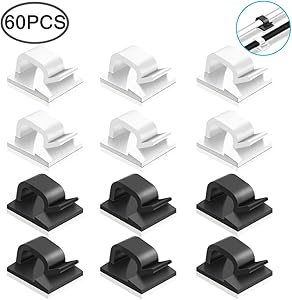 60 Pcs Adhesive Cable Clips, FineGood Plastic Cable Cord Organziers Cable Storage Management Clip for Home Office - Black, White