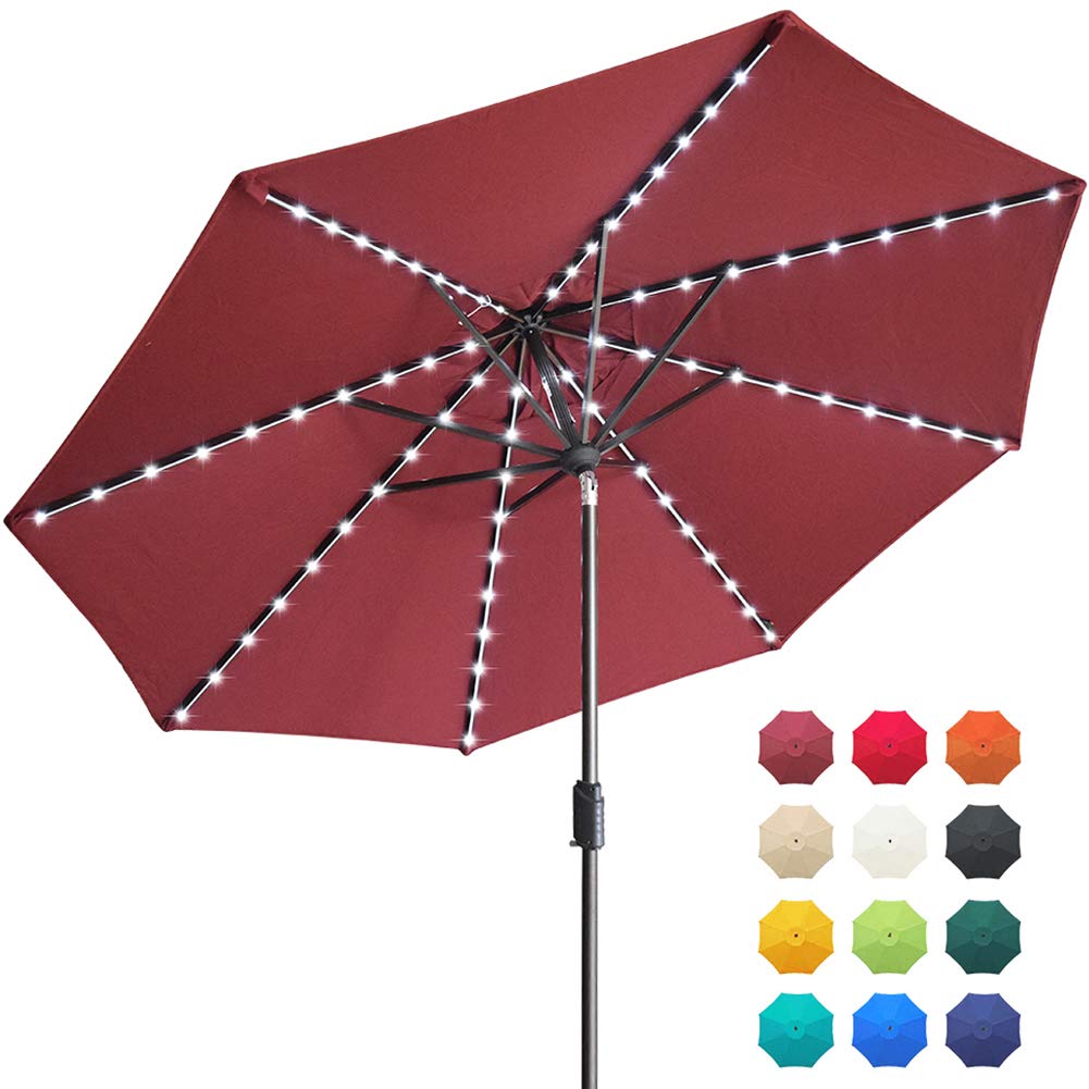 EliteShade Sunbrella Solar Umbrellas 9ft Market Umbrella with 80 LED Lights Patio Umbrellas Outdoor Table Umbrella with Ventilation and 5 Years Non-Fading Top,Burgundy