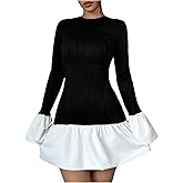 GORGLITTER Women's Long Sleeve Bubble Dress Fall Trendy Color Block Cocktail Birthday Dinner Going Out Mini Dresses