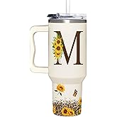Personalized Birthday Gifts For Women - Sunflowers Monogrammed Cup For Boss Day, Christmas - Customized Gifts For Women, Mom, Wife, Coworkers, Boss Lady, Her - Custom Tumbler With Handle 40oz