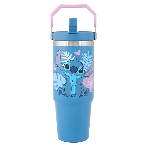Disney Stitch 900ml Stainless Steel Tourer with Top Swing Handle, Lid and Straw – Official Disney Merchandise by Polar Gear - Insulated Cold Drinks Tumbler