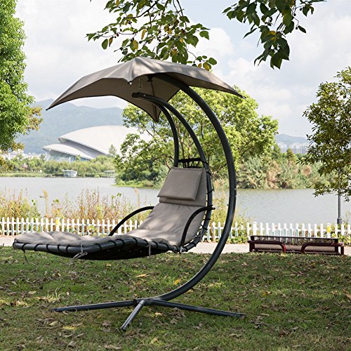 PatioPost Outdoor Hanging Chaise Lounger Chair Swing Hammock Arc Stand Air Porch Canopy, Brown