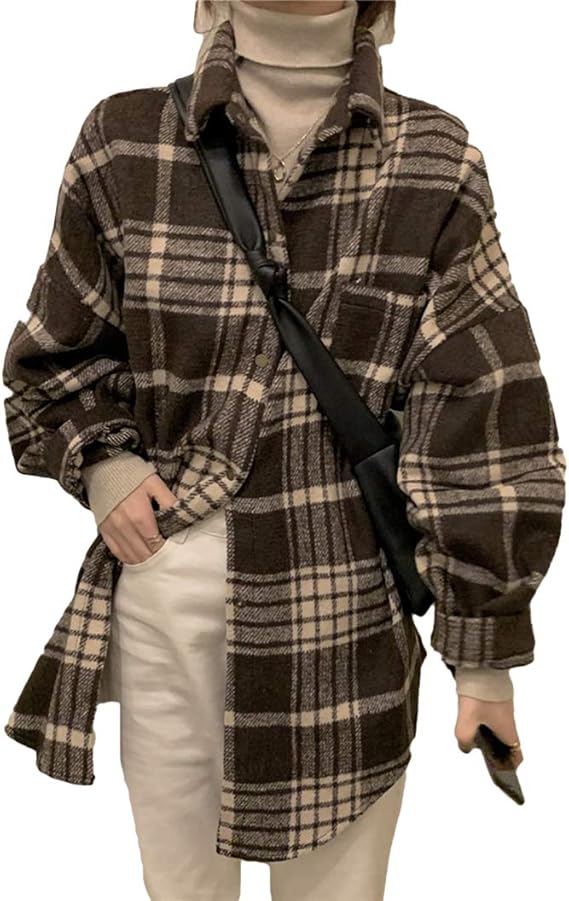 Amazon チェックシャツ レディース ロングシャツ 長袖 チェック柄 ネルシャツ ゆったり シャツ オーバーサイズ 韓国ファッション アウター 秋 冬 シャツジャケット 咖 コート ジャケット 通販