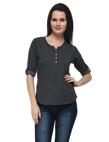 Women Cotton Poly Henley Polka dot Black Top(XS-4XL)