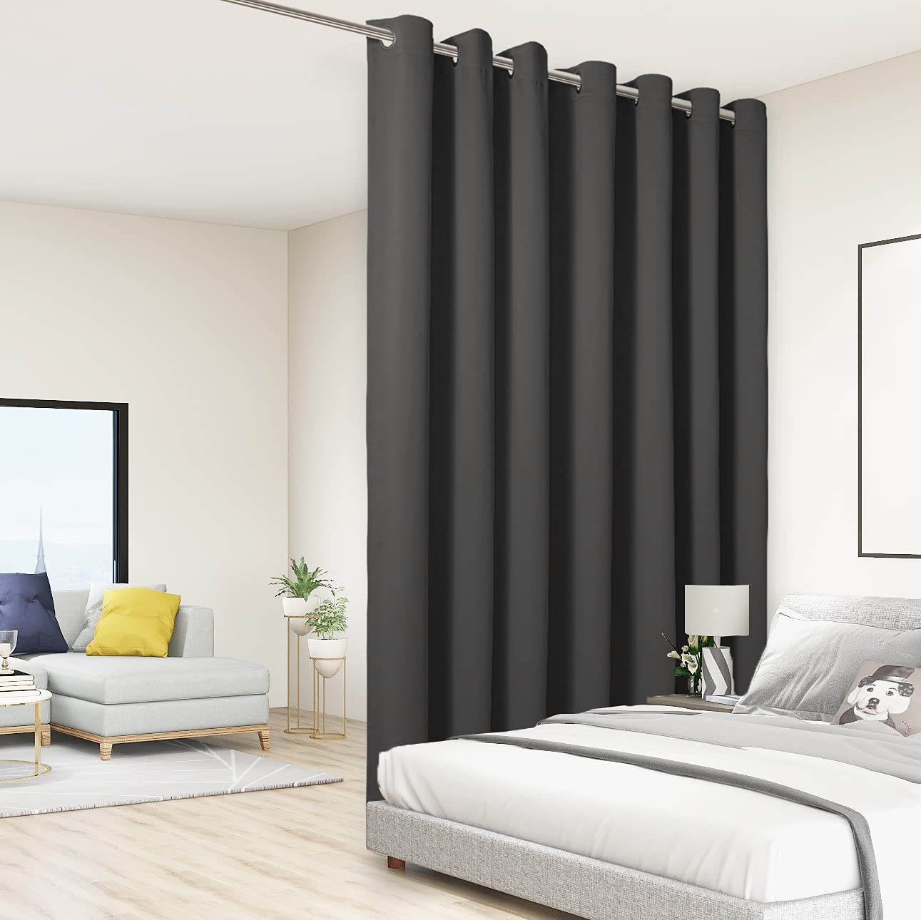 BONZER Room Divider Curtain Total Privacy Wall Grommet Thermal Insulated Soundproof Extra Wide Blackout Curtains for Bedroom Living Room, 9ft Wide x 7ft Tall [84.00" x 108.00"] 1 Panel, Dark Grey
