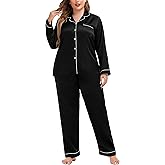 SWOMOG Womens Plus Size Pajamas Silky Pajama Set Button Down Sleepwear Classic Silk Pj Set Ladies Two Piece Loungewear Set