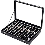 Ausalivan 100 Slots Ring Jewelry Organizer Box ,Ring Display Case, Earring Necklace Storage Tray With Top Glass Lid,Black Vel