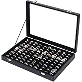 Ausalivan Ring Holder Organizer Box, Jewelry Display Case, Earring Necklace Storage Tray With Top Glass Lid (Black, 100 Slots)